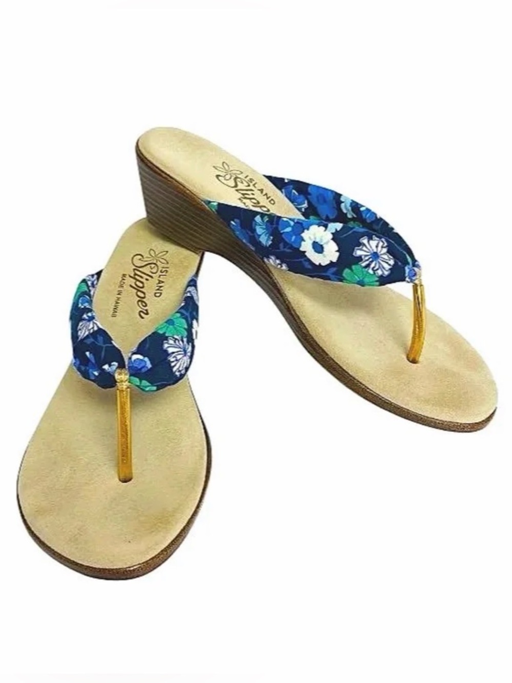 💙Island Slipper Women's Navy Floral Wedge Flip Flop Sandals- Size 8- Boho Beach💙